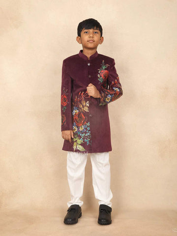Burgundy Kids Sherwani Adorned with Flower Designs - Diadem