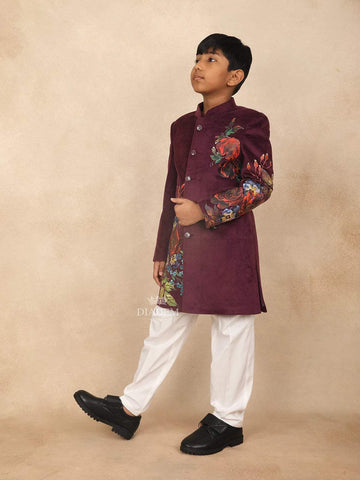 Burgundy Kids Sherwani Adorned with Flower Designs - Diadem