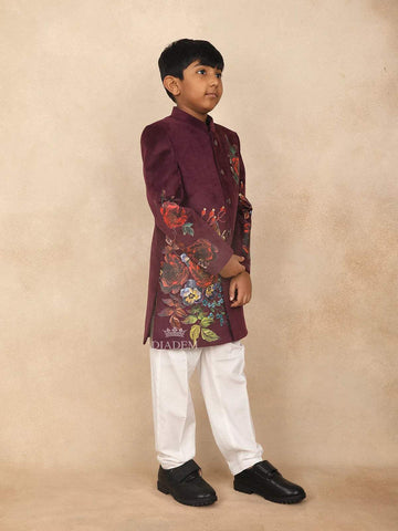 Burgundy Kids Sherwani Adorned with Flower Designs - Diadem