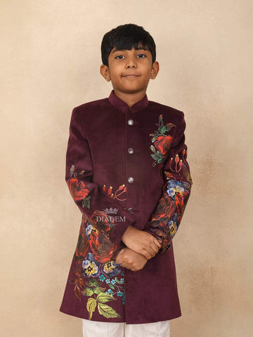 Burgundy Kids Sherwani Adorned with Flower Designs - Diadem