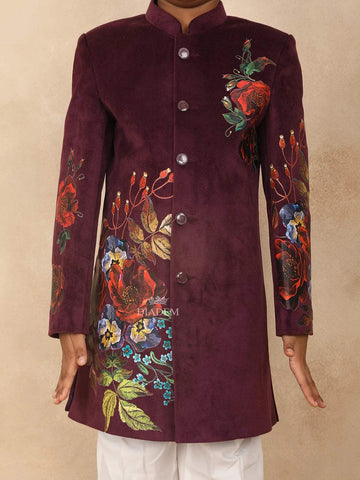 Burgundy Kids Sherwani Adorned with Flower Designs - Diadem