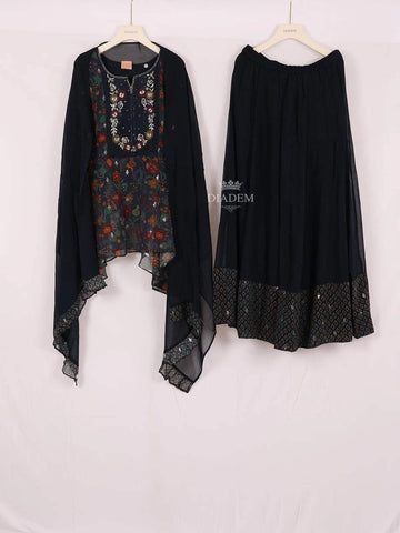 Navy Blue Palazzo Salwar Suit Adorned with Embroidery Floral Design with Dupatta - Diadem