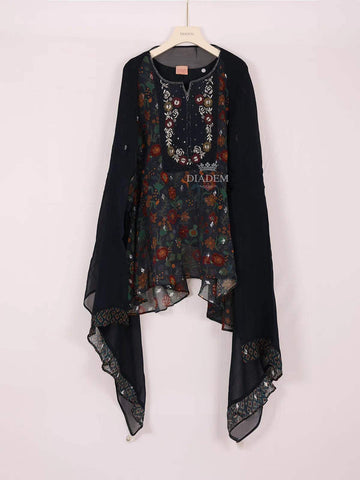 Navy Blue Palazzo Salwar Suit Adorned with Embroidery Floral Design with Dupatta - Diadem