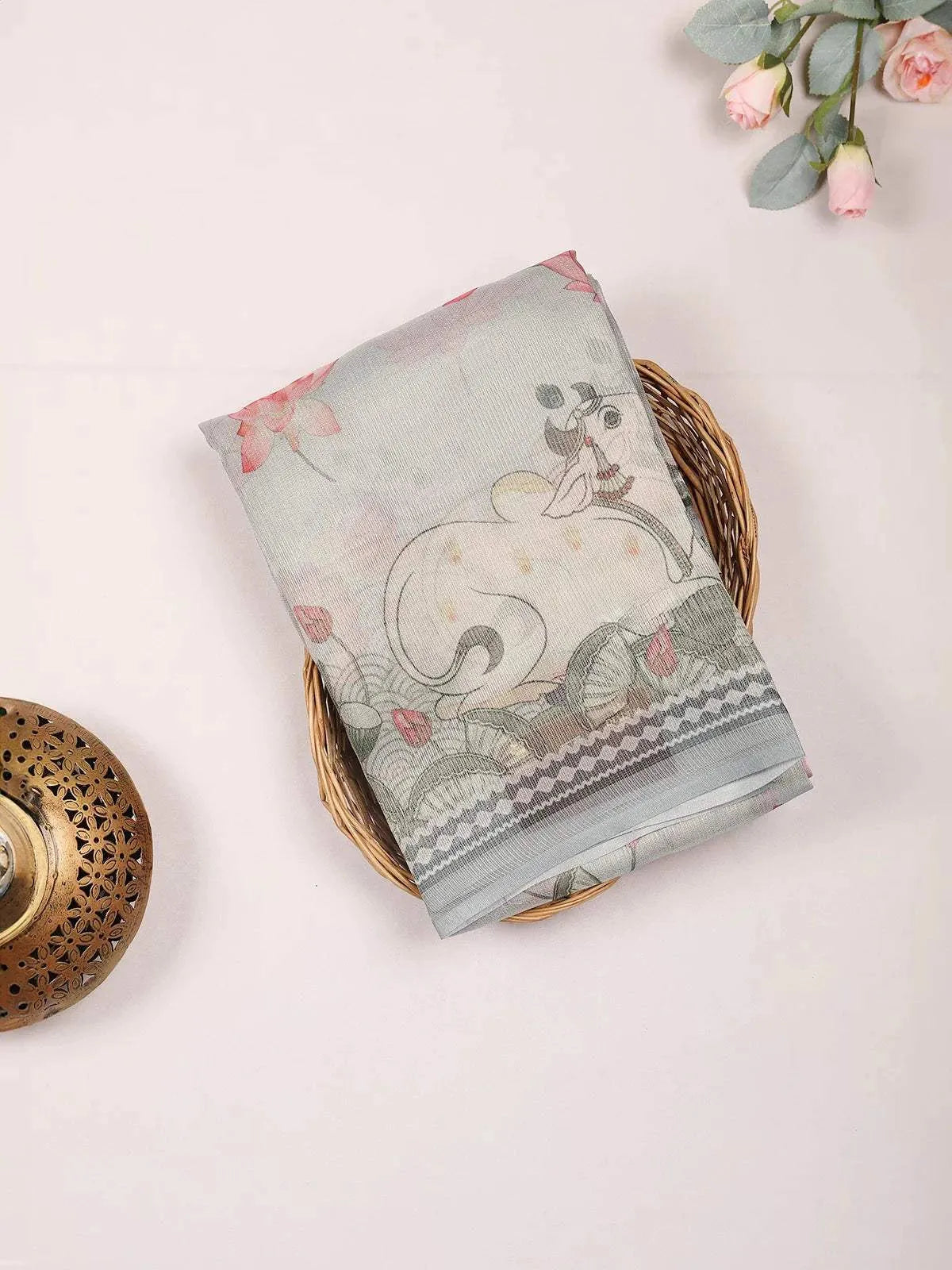 Light Blue Semi Tussar Silk Saree with Floral Design On the Body without Border - Diadem