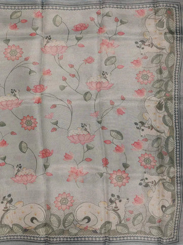 Light Blue Semi Tussar Silk Saree with Floral Design On the Body without Border - Diadem