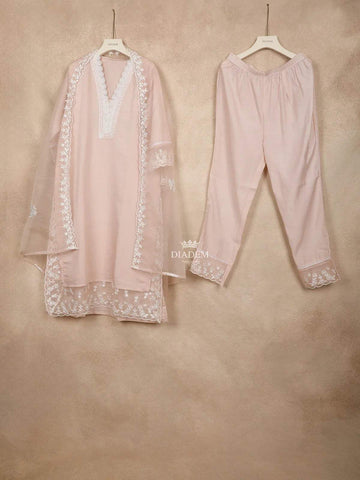 Peach Straight Cut Salwar Suit Adorned with Plain Design and Laced Neck with Dupatta - Diadem