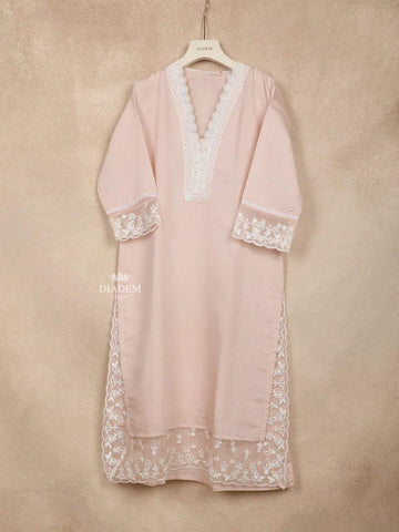 Peach Straight Cut Salwar Suit Adorned with Plain Design and Laced Neck with Dupatta - Diadem