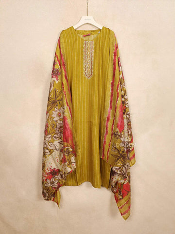 Mustard Yellow Straight Cut Salwar Suit Adorned with Sequins and Stripes Design With Dupatta - Diadem