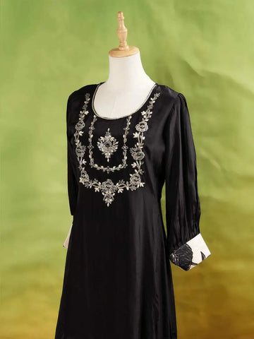 Black Palazzo Suit Adorned with Floral Embroidery Without Dupatta and 3/4 Sleeve - Diadem