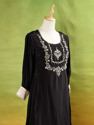 Black Palazzo Suit Adorned with Floral Embroidery Without Dupatta and 3/4 Sleeve - Diadem