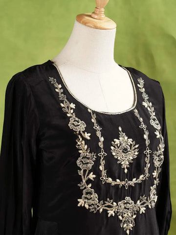 Black Palazzo Suit Adorned with Floral Embroidery Without Dupatta and 3/4 Sleeve - Diadem