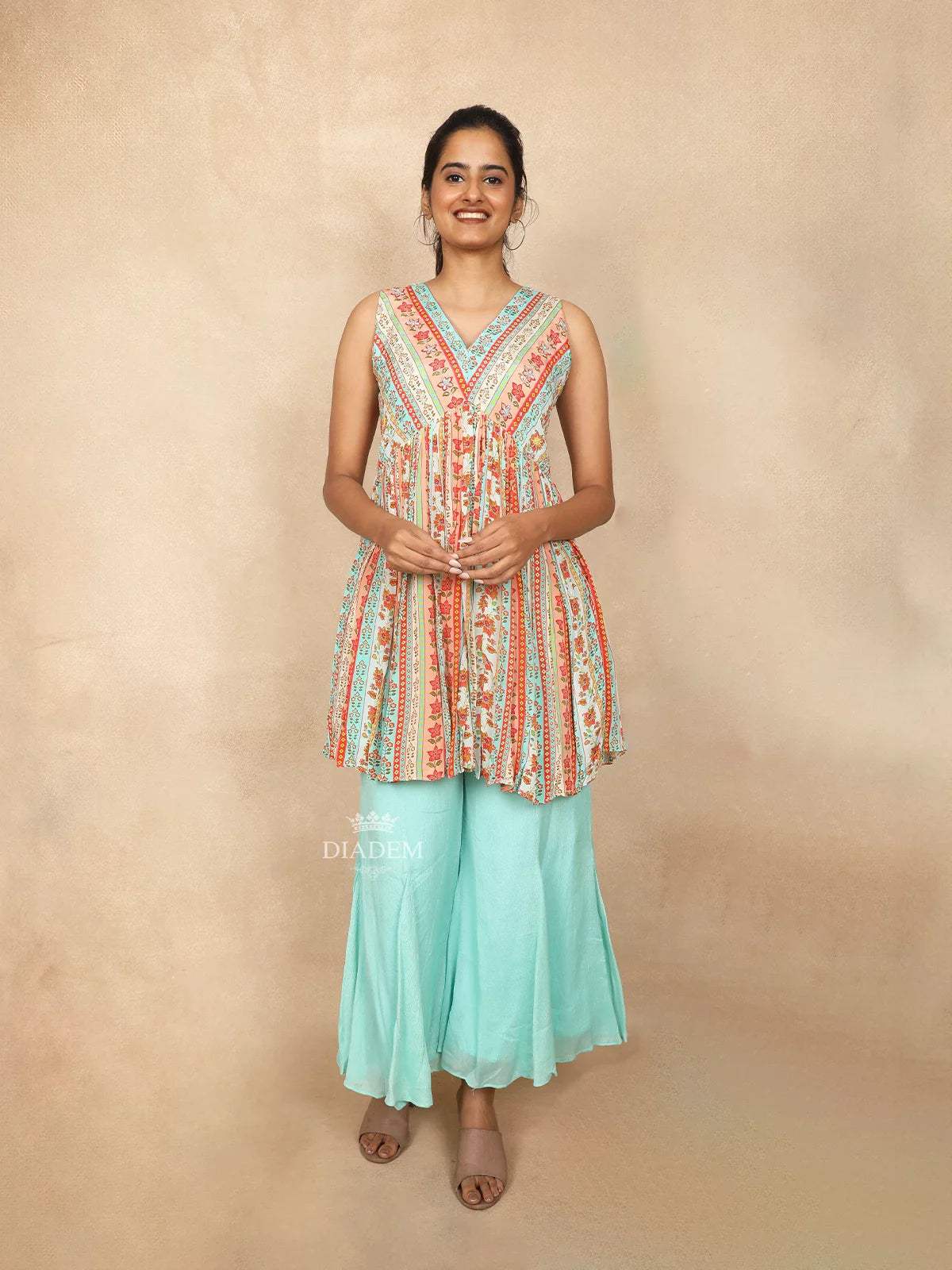 Aqua Blue Palazzo Salwar Suit for Girls Embellished with Sequins and Stripes Floral Design - Diadem