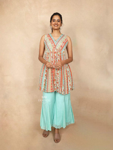 Aqua Blue Palazzo Salwar Suit for Girls Embellished with Sequins and Stripes Floral Design - Diadem