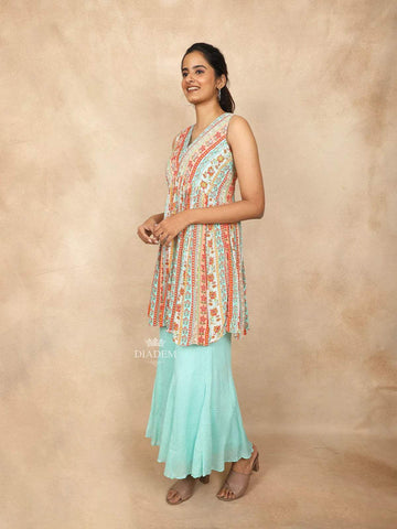 Aqua Blue Palazzo Salwar Suit for Girls Embellished with Sequins and Stripes Floral Design - Diadem