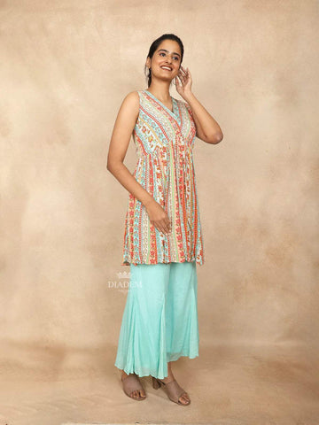 Aqua Blue Palazzo Salwar Suit for Girls Embellished with Sequins and Stripes Floral Design - Diadem
