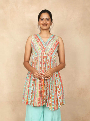 Aqua Blue Palazzo Salwar Suit for Girls Embellished with Sequins and Stripes Floral Design - Diadem
