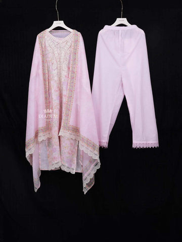 Light Pink Crepe Straight Cut Salwar Suit Adorned with Floral Prints and Threadwork paired with Dupatta - Diadem