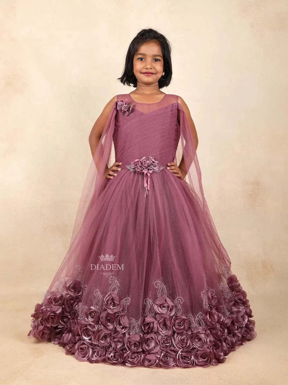 Wine Net Glitter Kids Gown Adorned with 3D Flowers with Ruffled Design - Diadem
