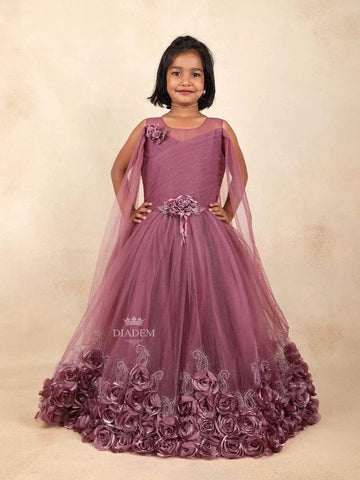 Wine Net Glitter Kids Gown Adorned with 3D Flowers with Ruffled Design - Diadem