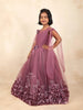 Wine Net Glitter Kids Gown Adorned with 3D Flowers with Ruffled Design - Diadem