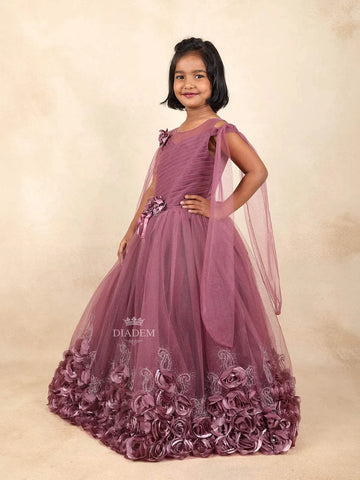 Wine Net Glitter Kids Gown Adorned with 3D Flowers with Ruffled Design - Diadem