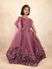 Wine Net Glitter Kids Gown Adorned with 3D Flowers with Ruffled Design - Diadem
