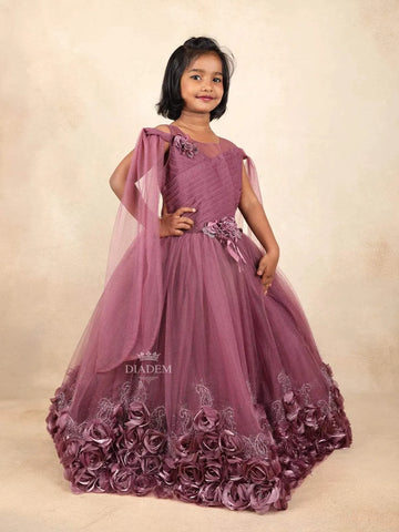 Wine Net Glitter Kids Gown Adorned with 3D Flowers with Ruffled Design - Diadem