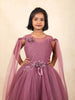 Wine Net Glitter Kids Gown Adorned with 3D Flowers with Ruffled Design - Diadem