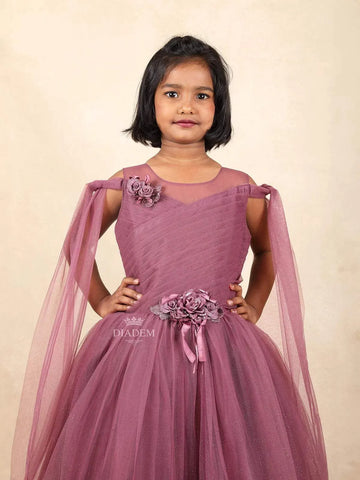 Wine Net Glitter Kids Gown Adorned with 3D Flowers with Ruffled Design - Diadem