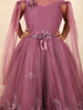 Wine Net Glitter Kids Gown Adorned with 3D Flowers with Ruffled Design - Diadem