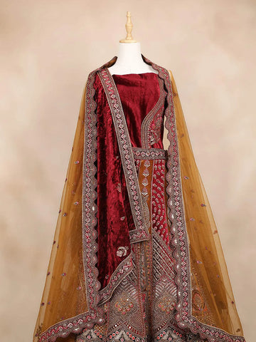 Dark Red Velvet Bridal Lehenga for Women with Floral Embroidery - Diadem