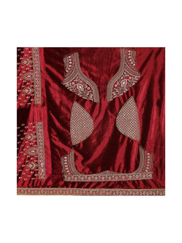 Dark Red Velvet Bridal Lehenga for Women with Floral Embroidery - Diadem