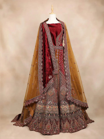 Dark Red Velvet Bridal Lehenga for Women with Floral Embroidery - Diadem