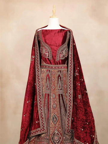 Dark Red Velvet Floral Embroidered Bridal Lehenga - Diadem