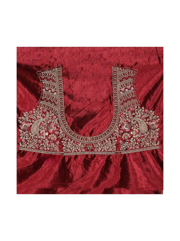 Dark Red Velvet Floral Embroidered Bridal Lehenga - Diadem