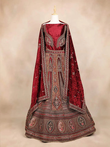 Dark Red Velvet Floral Embroidered Bridal Lehenga - Diadem