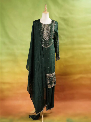 Dark Green Straight Cut Salwar Suit Adorned with Floral Embroidery, With Dupatta and Full Sleeve - Diadem