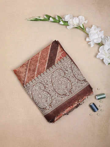 Brown Semi Tussar Silk Saree with Rural Motif on the Body with Designed Lace Border - Diadem