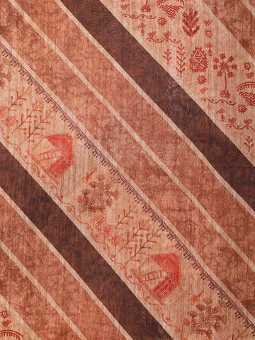 Brown Semi Tussar Silk Saree with Rural Motif on the Body with Designed Lace Border - Diadem