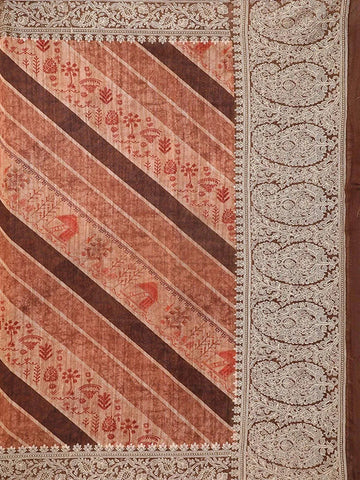 Brown Semi Tussar Silk Saree with Rural Motif on the Body with Designed Lace Border - Diadem