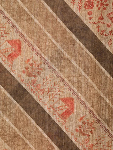 Brown Semi Tussar Silk Saree with Rural Motif on the Body with Designed Border - Diadem
