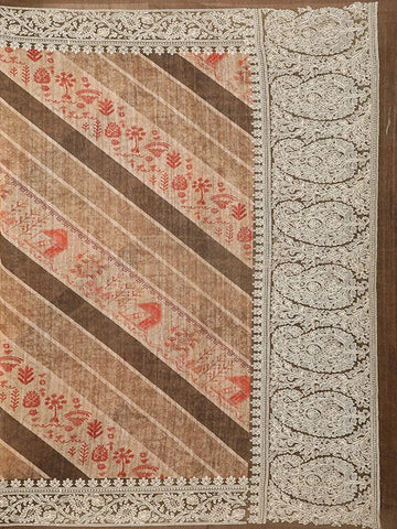 Brown Semi Tussar Silk Saree with Rural Motif on the Body with Designed Border - Diadem