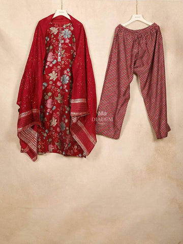 Red Straight Cut Salwar Suit Adorned with Mirror and Floral Design with Dupatta - Diadem
