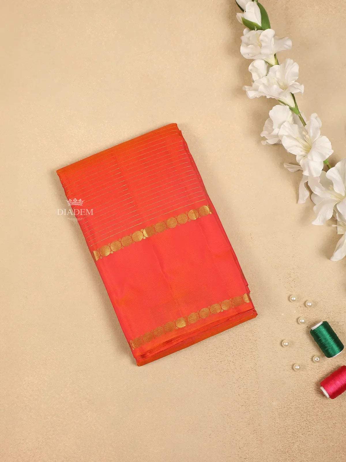 Orange Pure Kanchipuram Silk Saree with Stripes Design on the Body and Without Border - Diadem