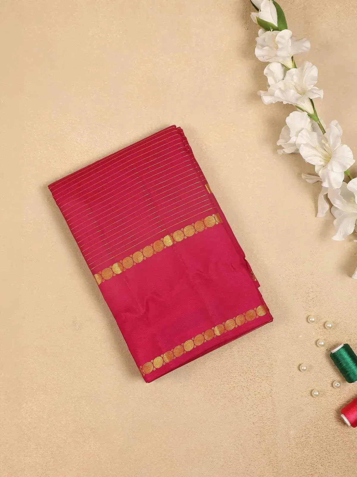 Maroon Pure Kanchipuram Silk Saree with Stripes Design on the Body with Zari Border - Diadem