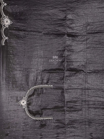 Black Crush Satin Saree with Dotted Designs on the body and Embroidery Border - Diadem