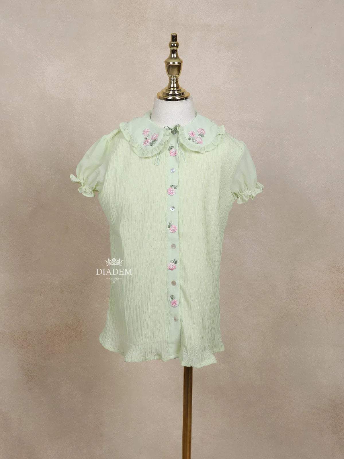 Olive Green Kids Top Adorned with 3D Flower and Stripes Design - Diadem