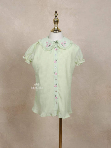 Olive Green Kids Top Adorned with 3D Flower and Stripes Design - Diadem