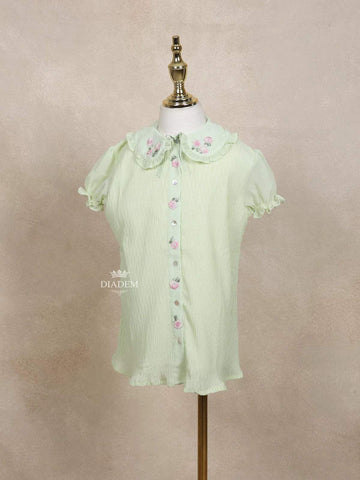 Olive Green Kids Top Adorned with 3D Flower and Stripes Design - Diadem