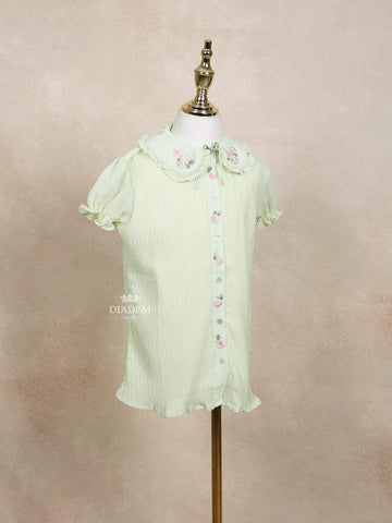 Olive Green Kids Top Adorned with 3D Flower and Stripes Design - Diadem